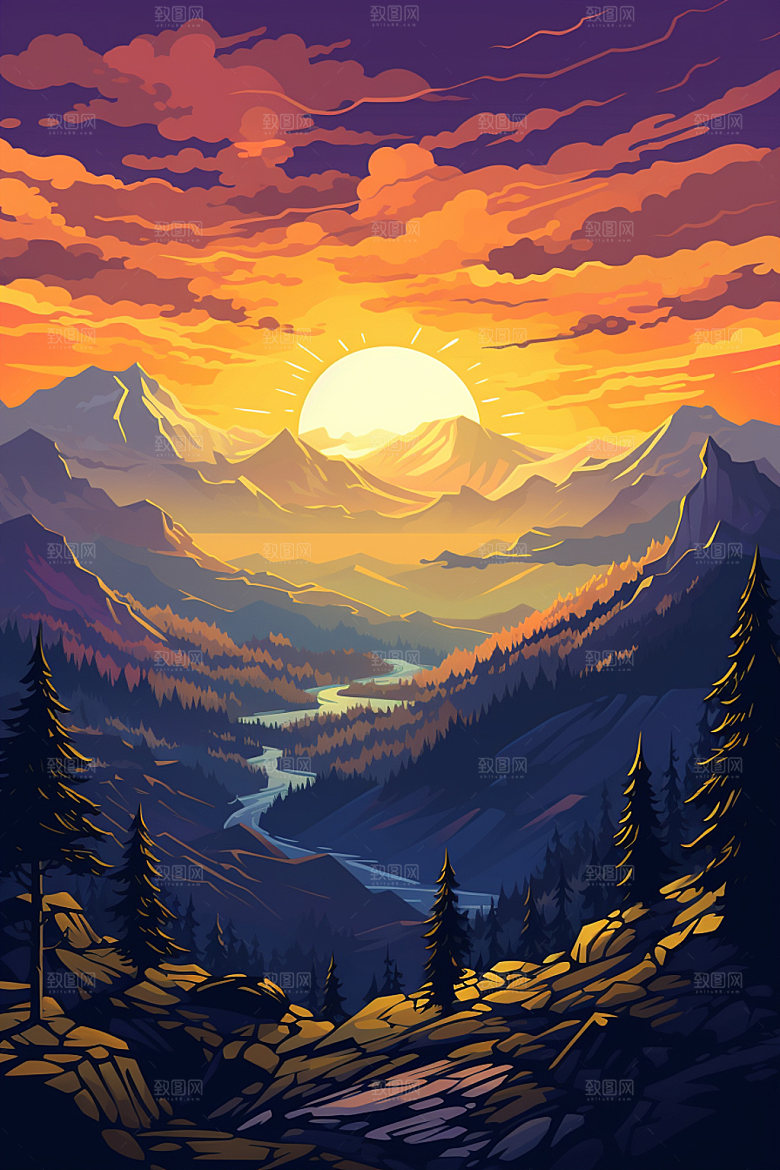 山峰雪山手绘插画