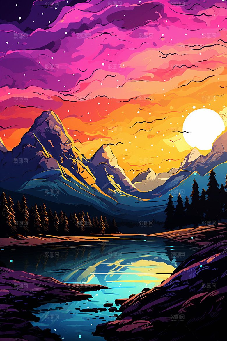 山峰美式风格夕阳插画