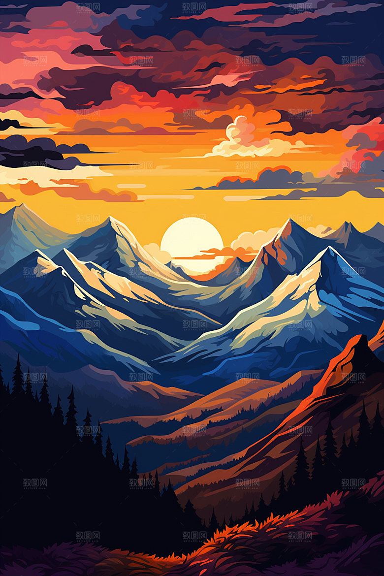 山峰夕阳手绘插画