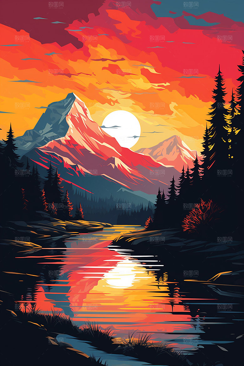 山峰风光手绘插画