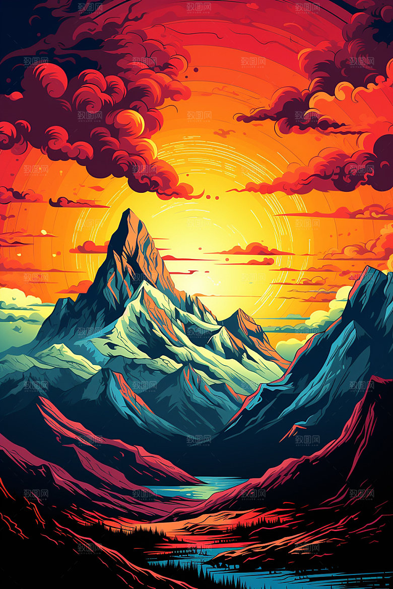 山峰夕阳美式风格插画