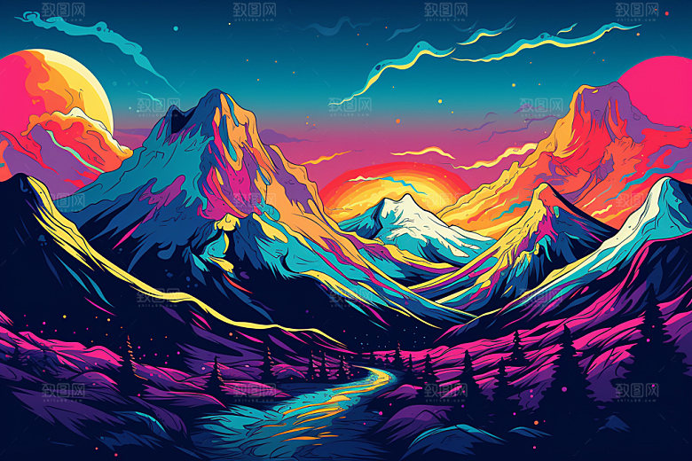 山峰风光雪山插画