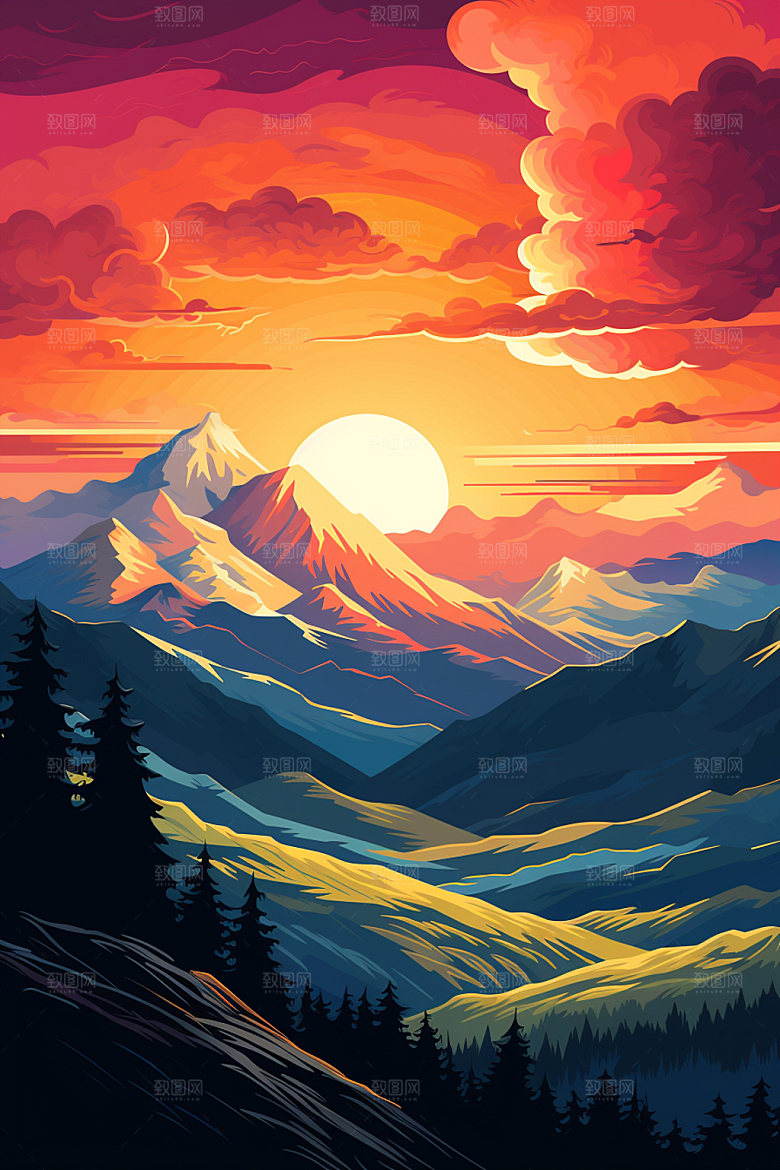 山峰美式风格高山插画