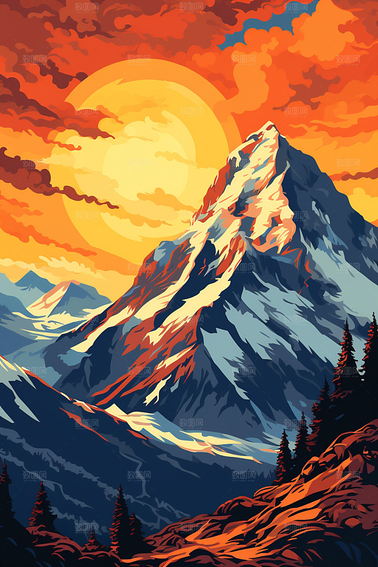 山峰夕阳美式风格插画