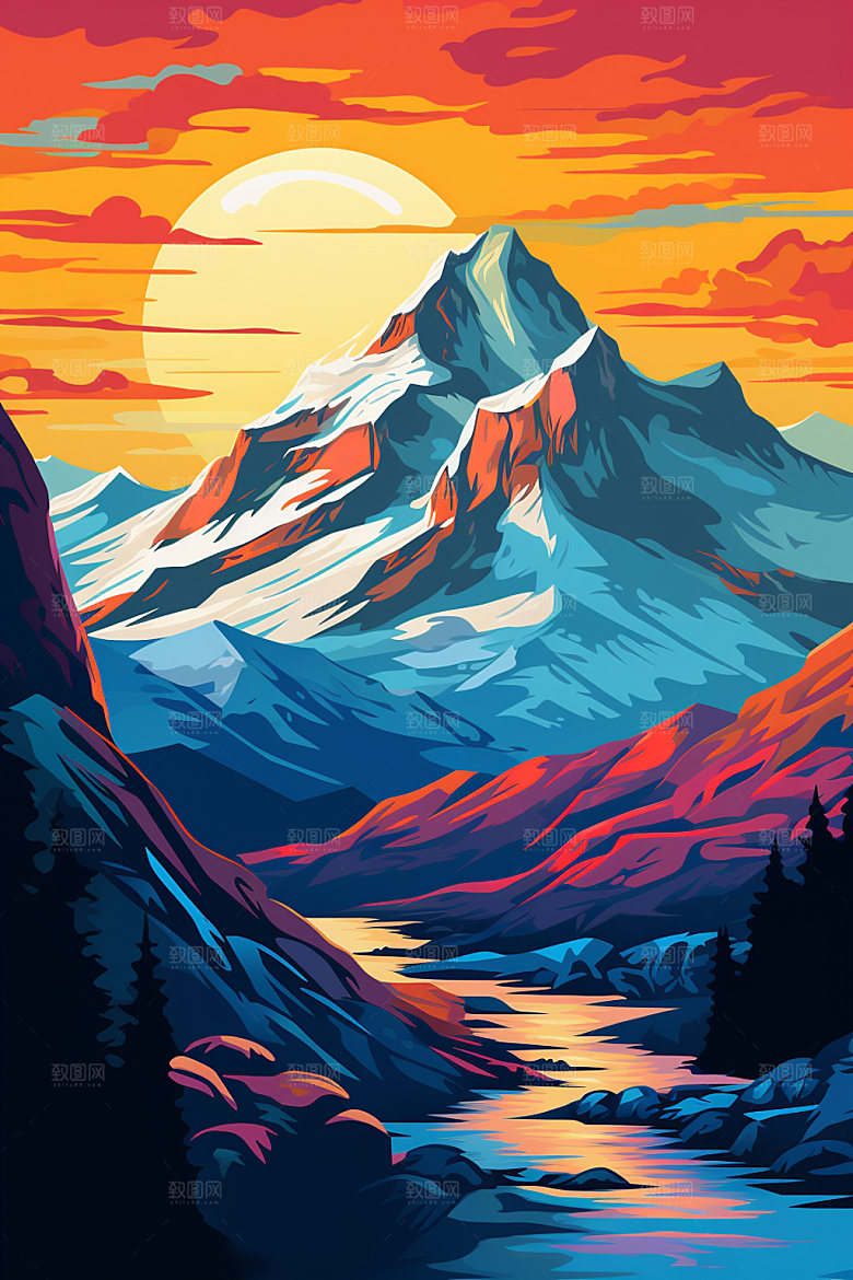 山峰风光雪山插画