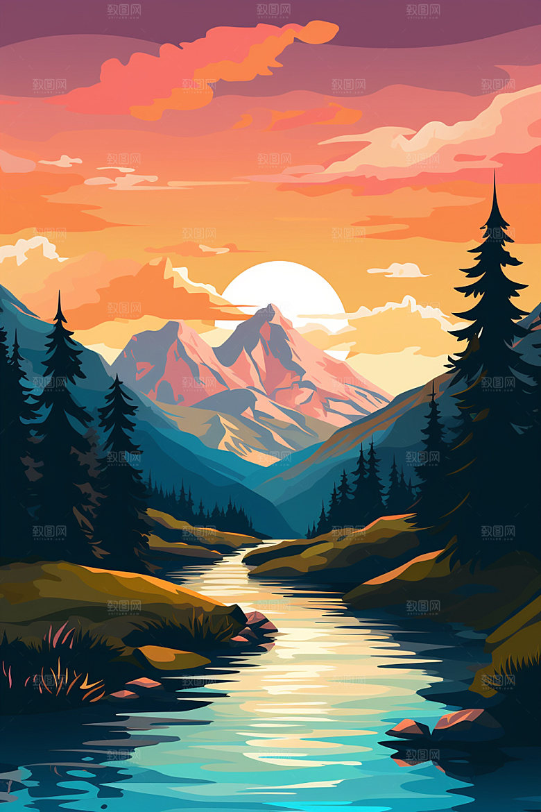 山峰美式风格手绘插画