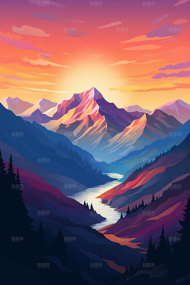 山峰艺术画风美式风格插画