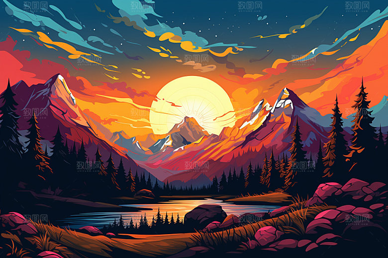 山峰雪山自然插画