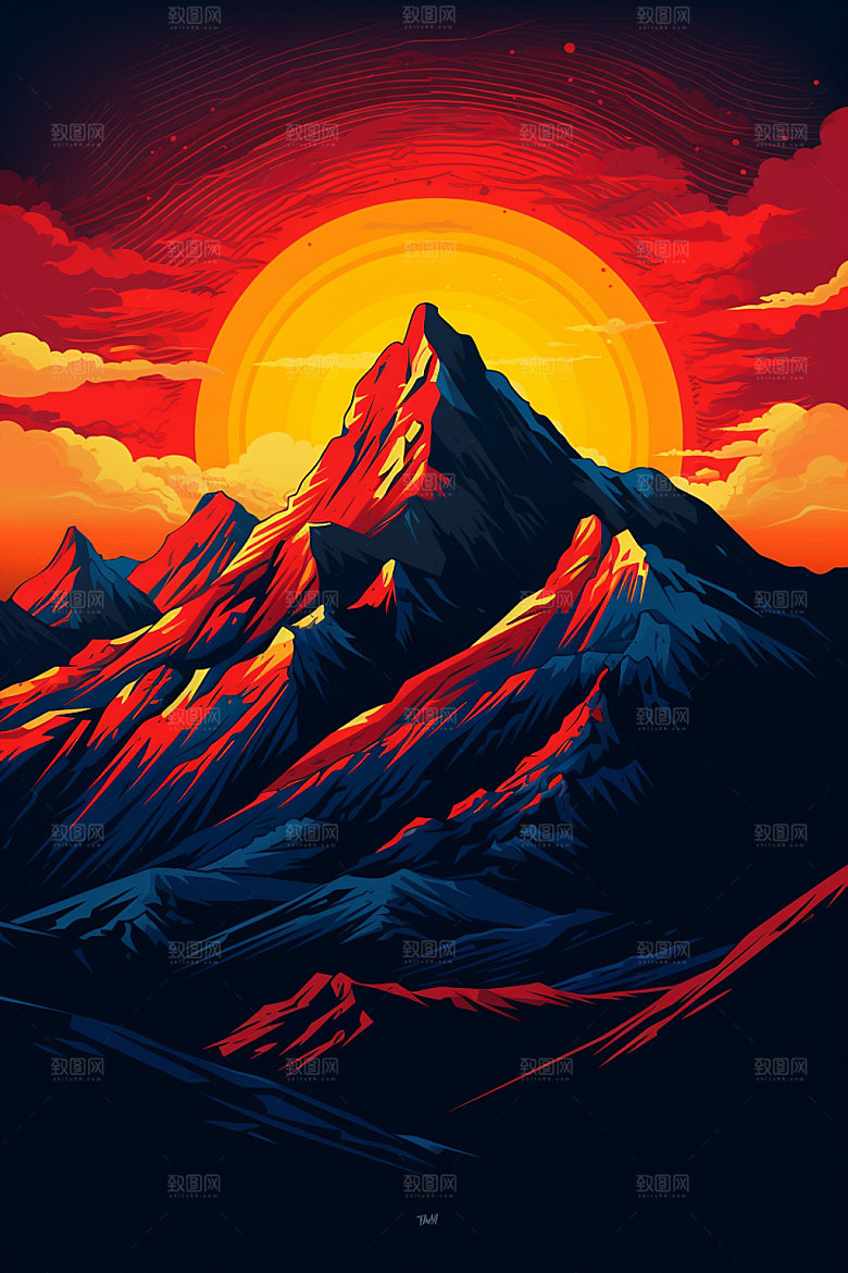 山峰手绘艺术画风插画