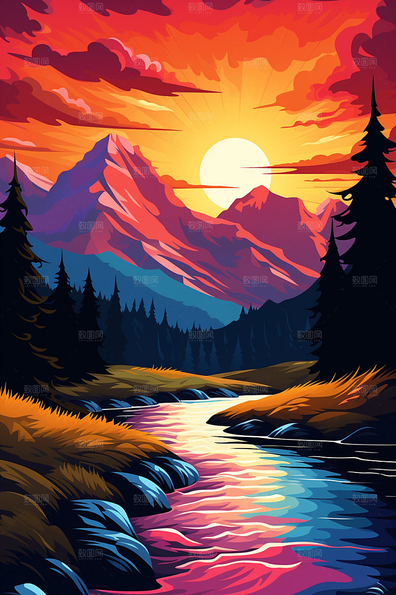 山峰自然美式风格插画