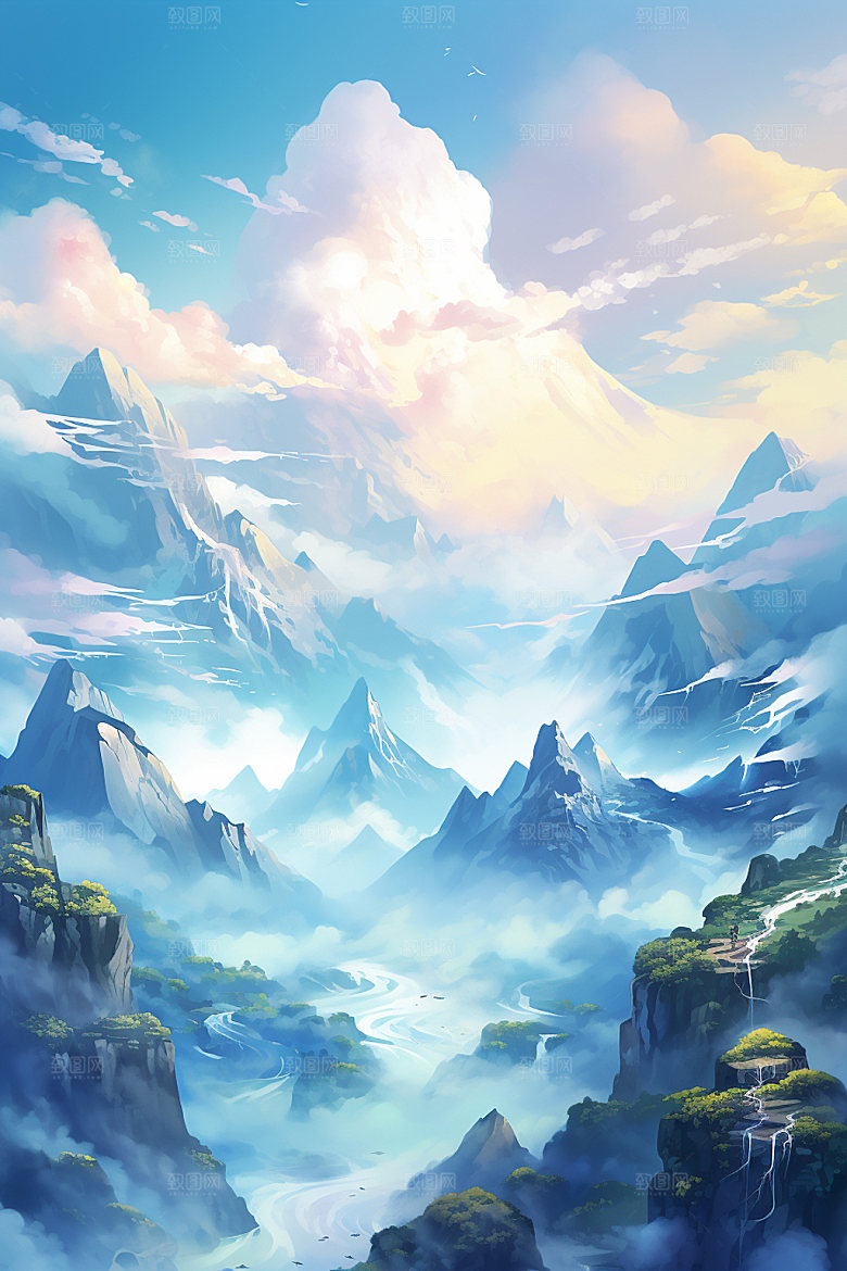 山峰手绘夕阳插画