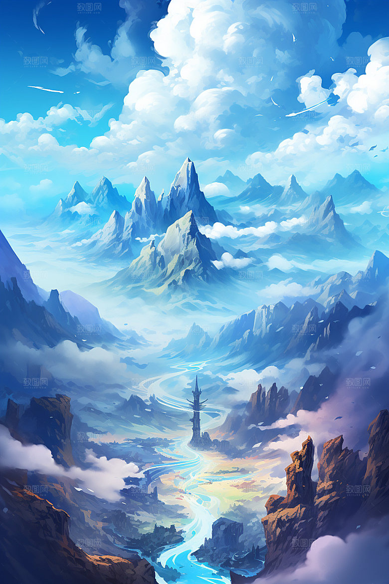 山峰美式风格雪山插画
