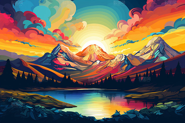 山峰手绘艺术画风插画