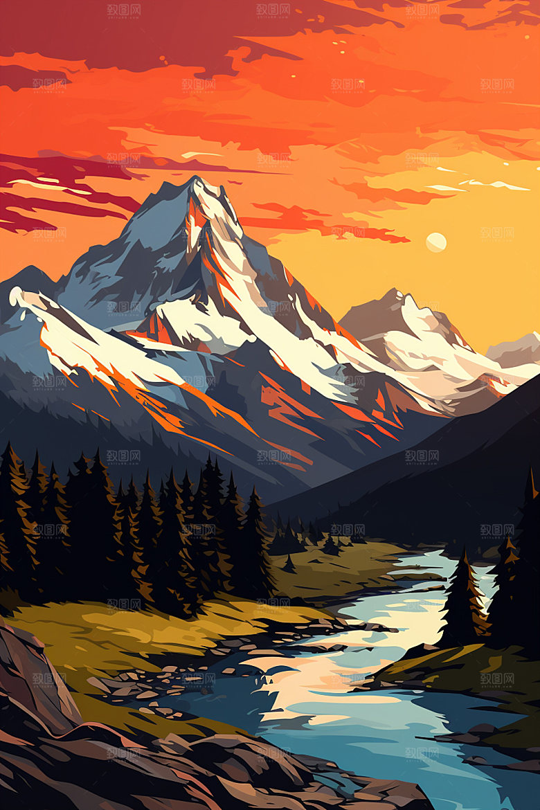山峰夕阳手绘插画