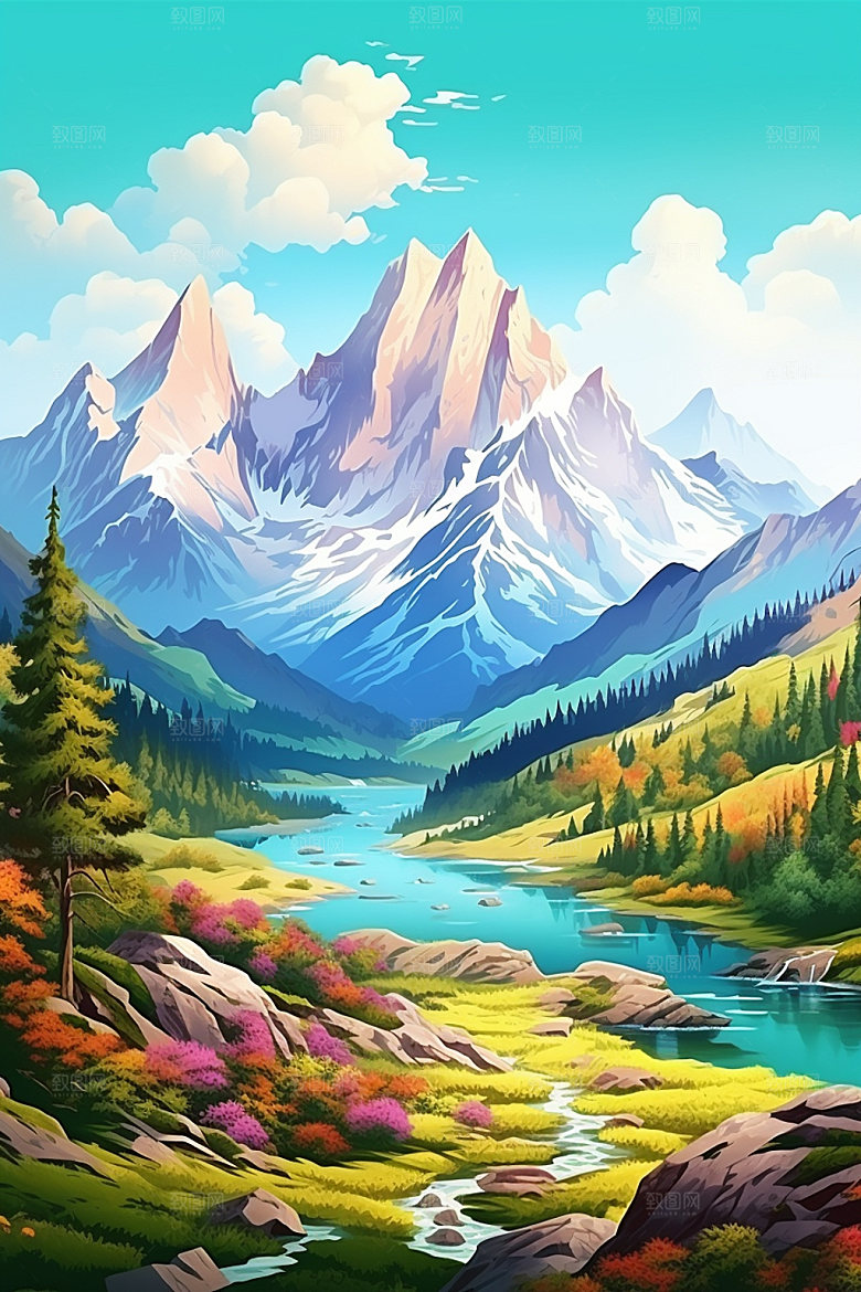 山峰艺术画风夕阳插画