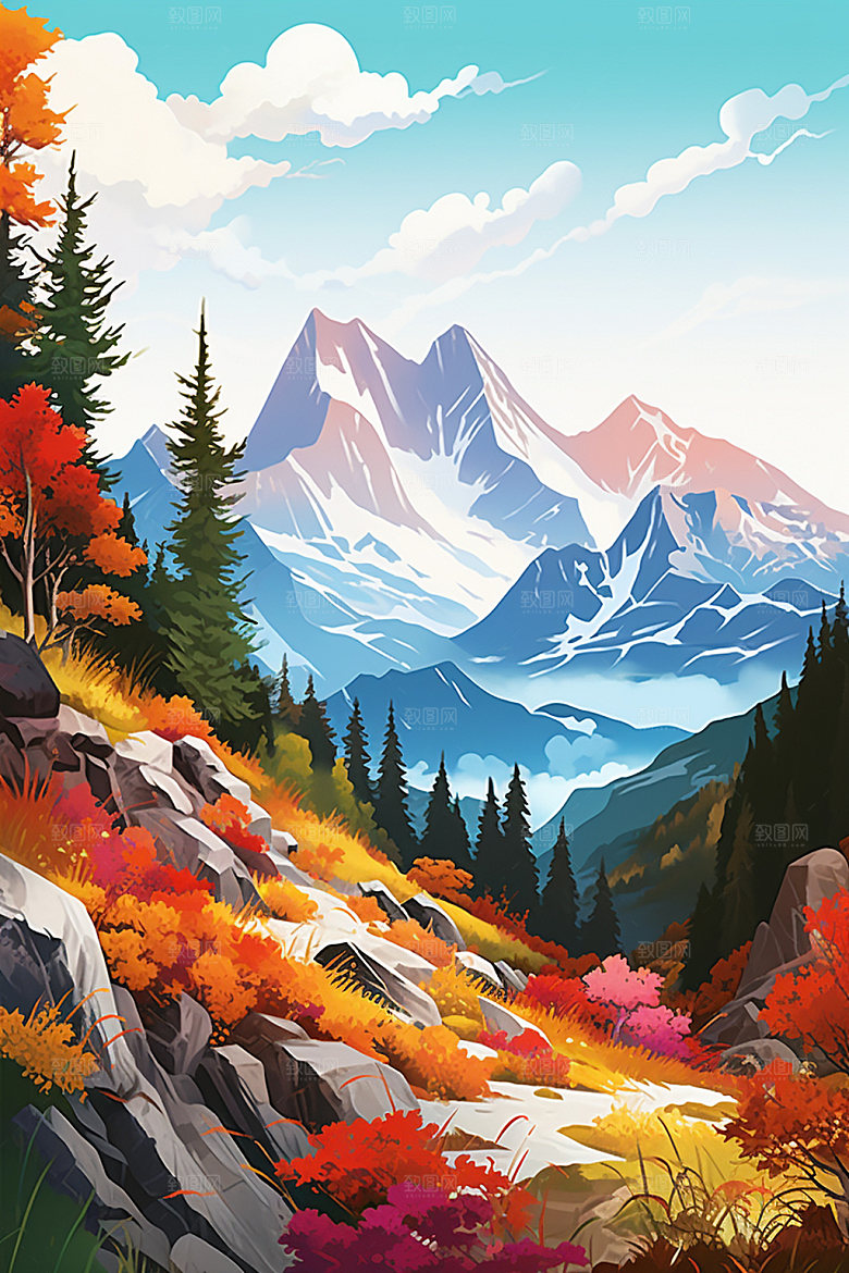 山峰艺术画风手绘插画