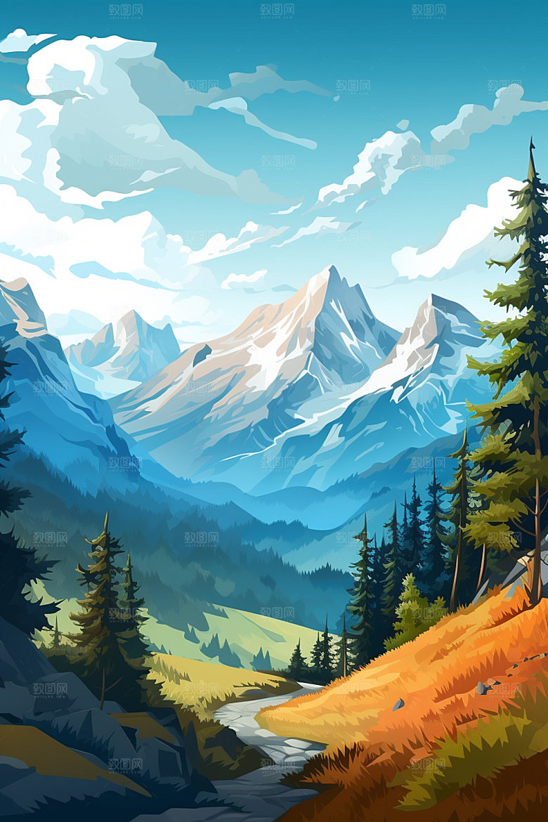 山峰高山手绘插画
