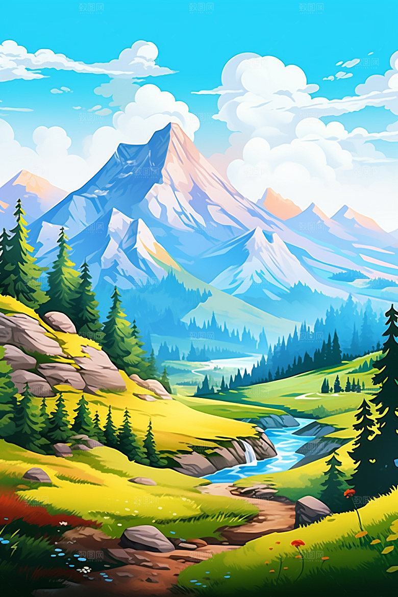 山峰高山美式风格插画
