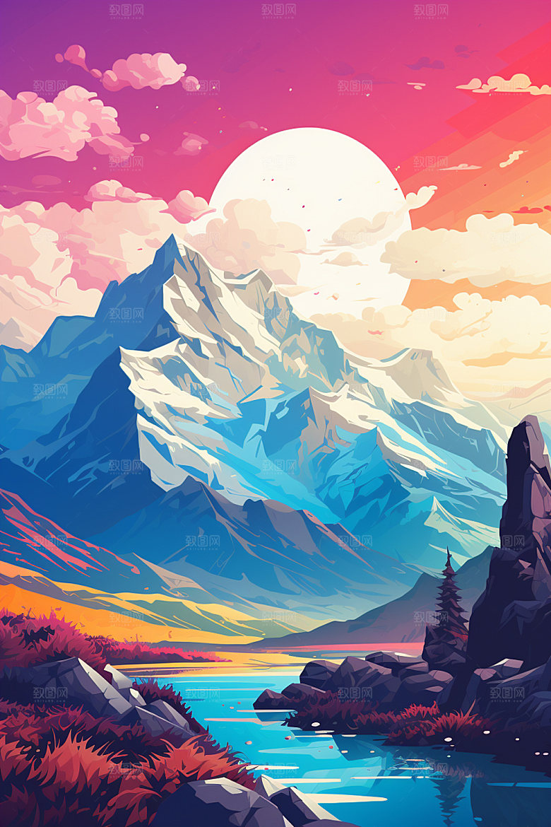 山峰夕阳高山插画