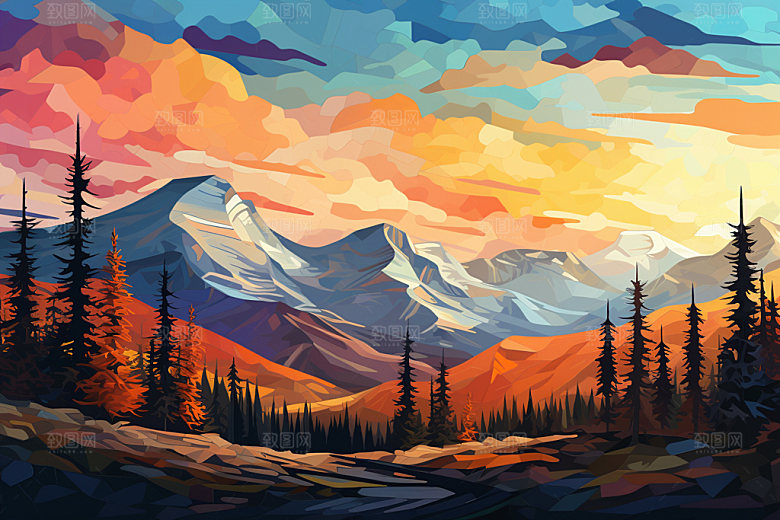 山峰夕阳手绘插画