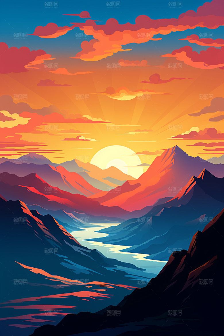 山峰雪山自然插画