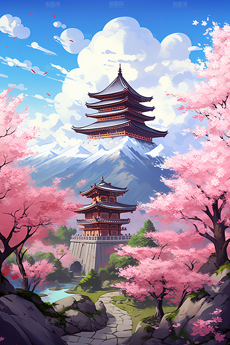 国风场景山水浪漫插画
