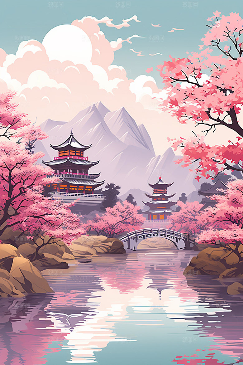 国风场景手绘山水插画