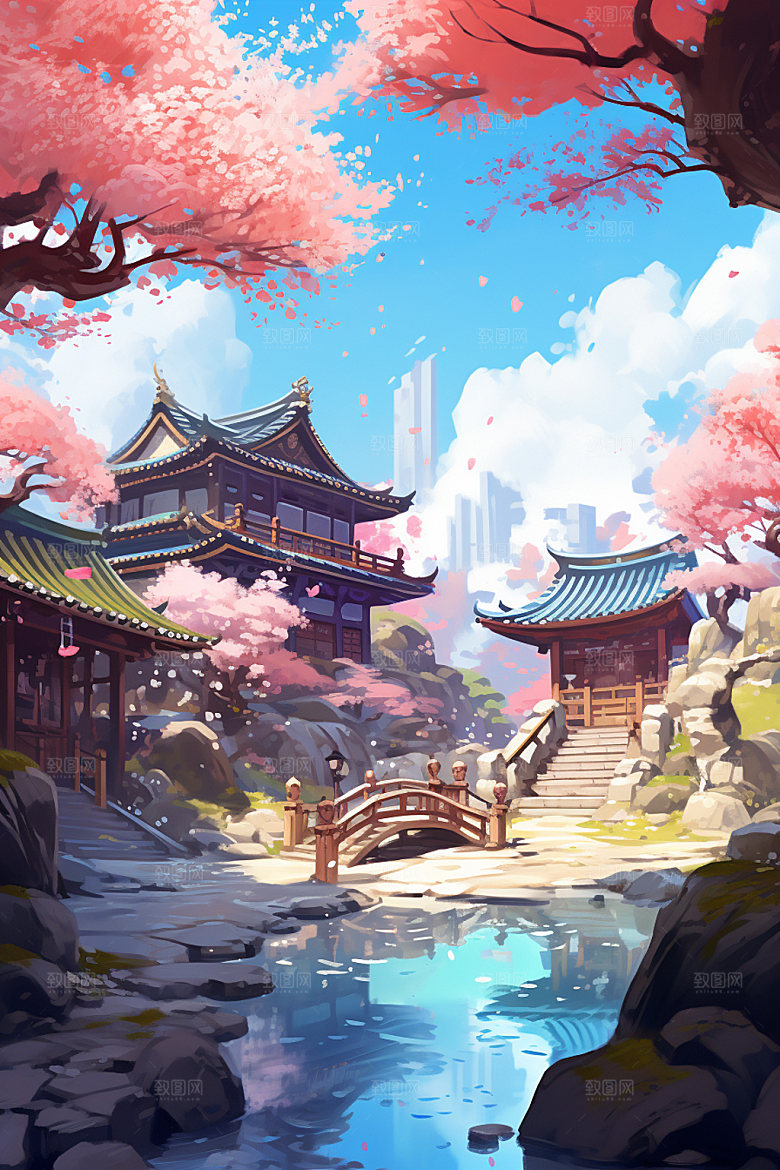 国风场景唯美手绘插画