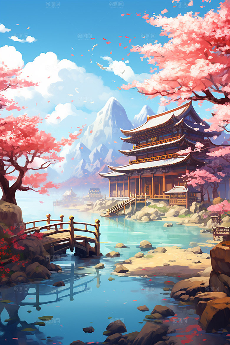 国风场景山水自然插画