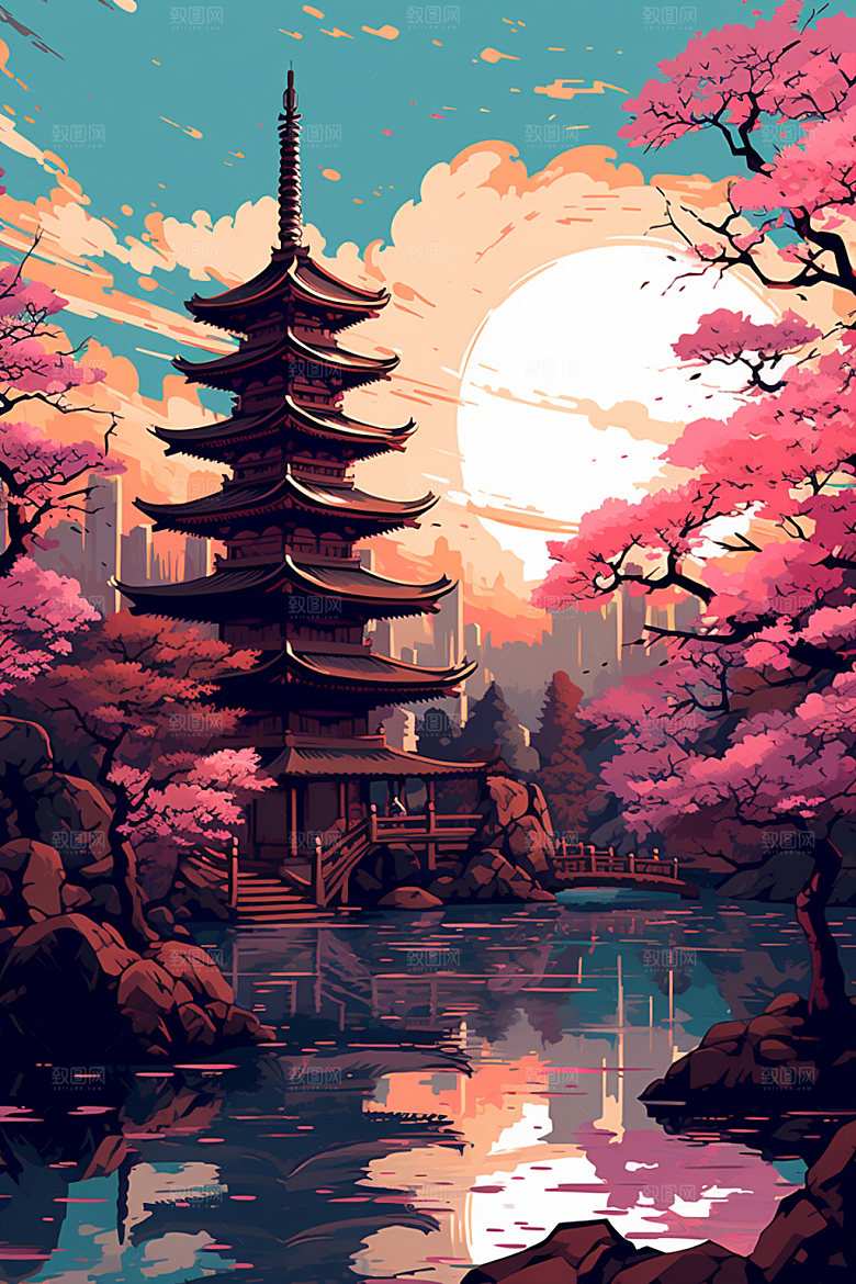 国风场景手绘山水插画