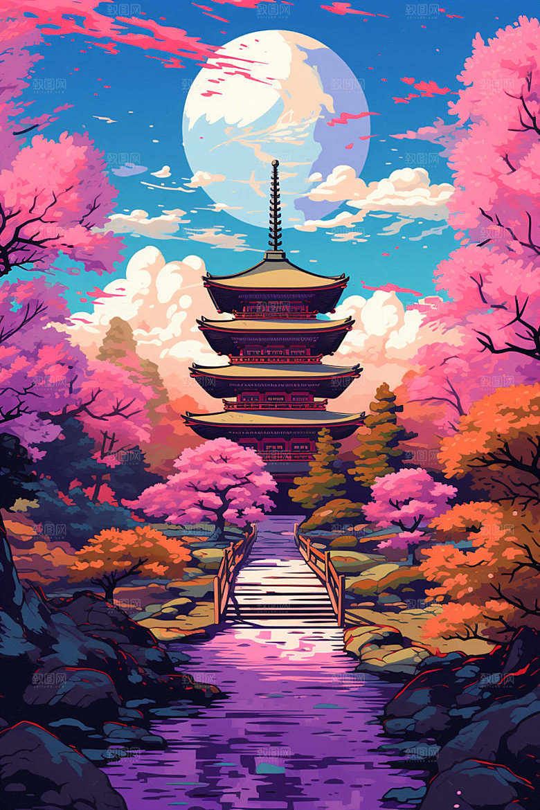 国风场景浪漫山水插画