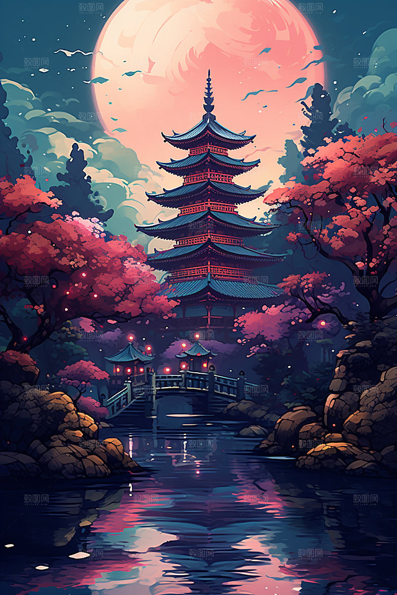 国风场景自然山水插画