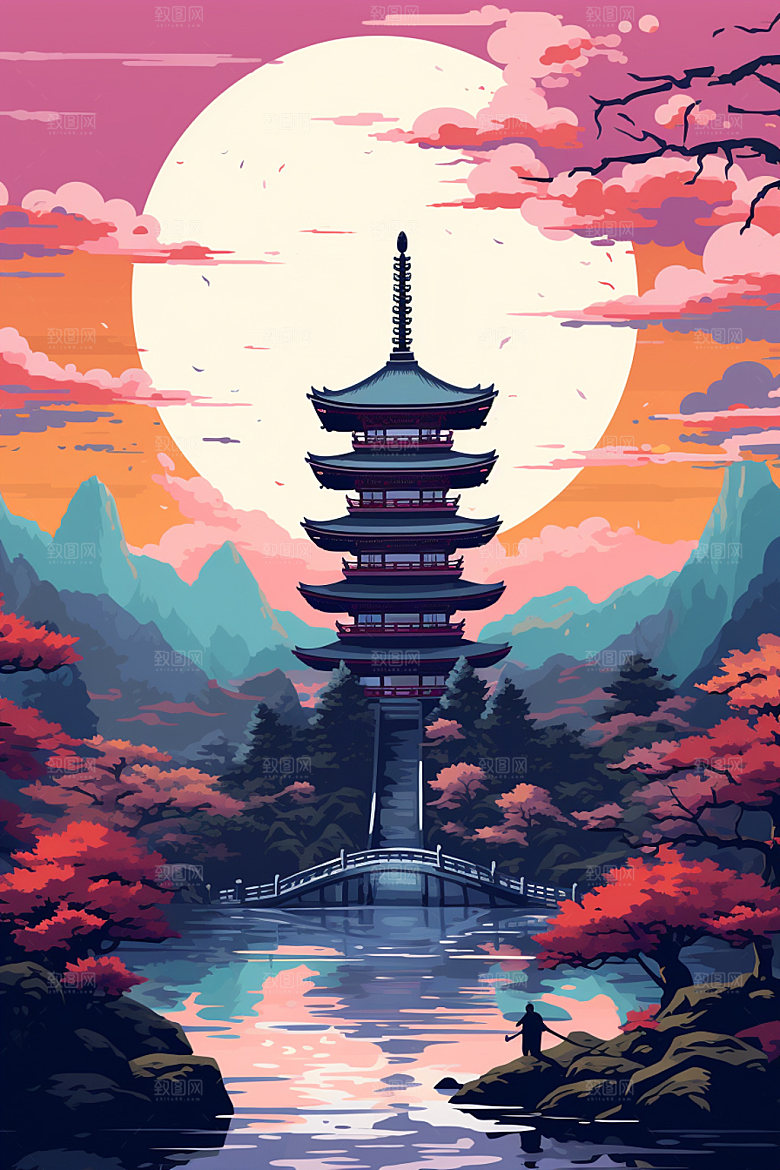 国风场景山水中国传统插画