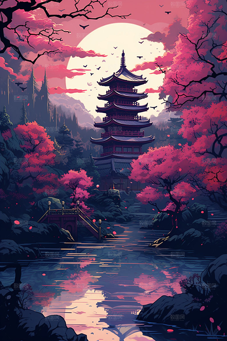 国风场景自然中国传统插画