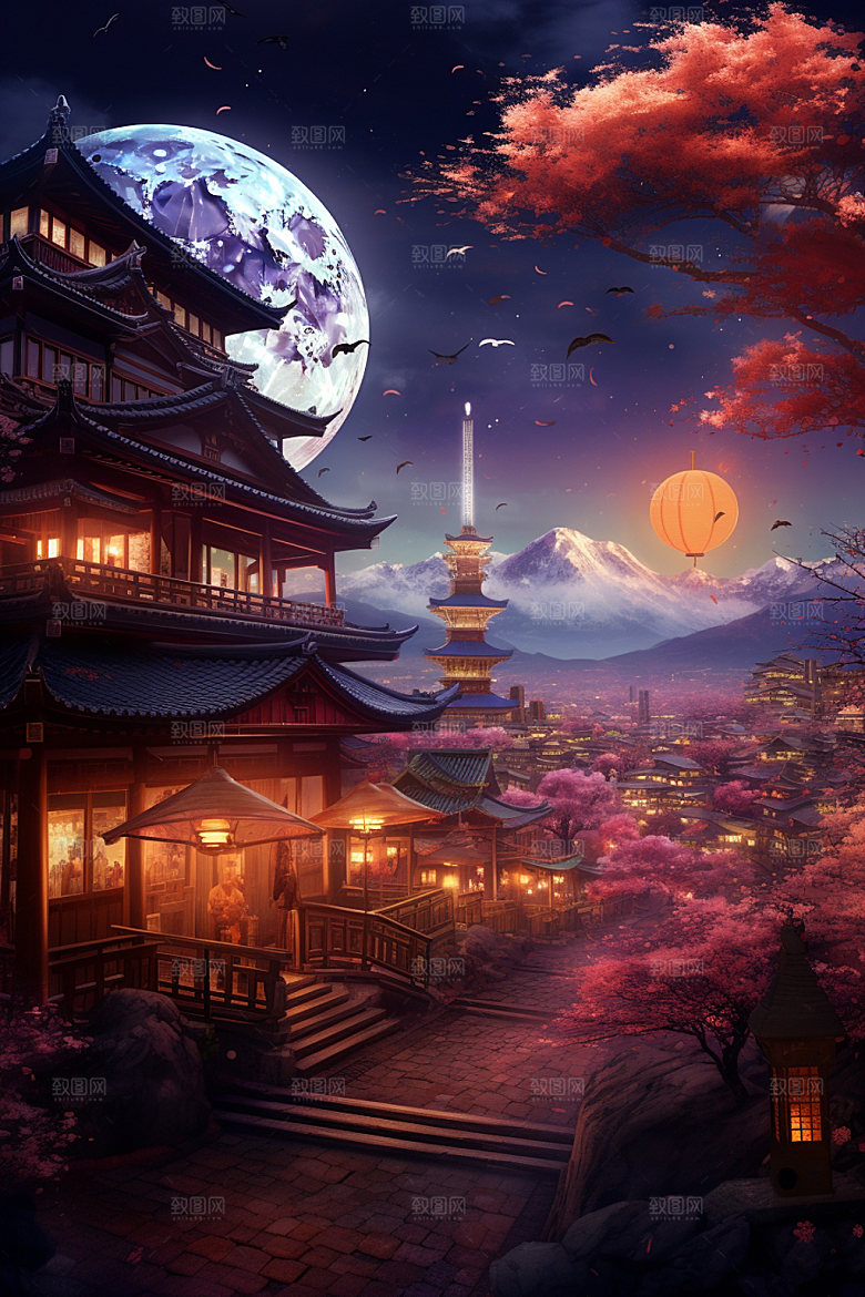 国风场景手绘浪漫插画