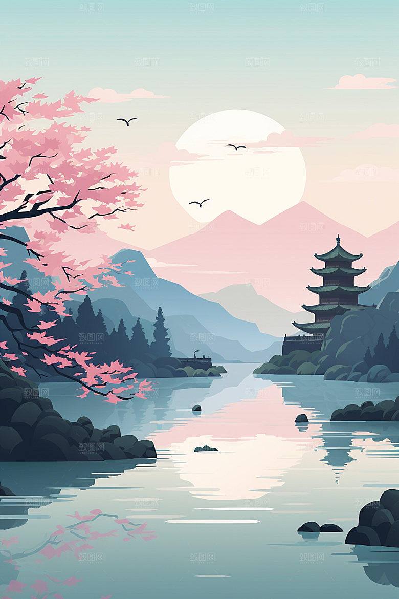 国风场景浪漫自然插画