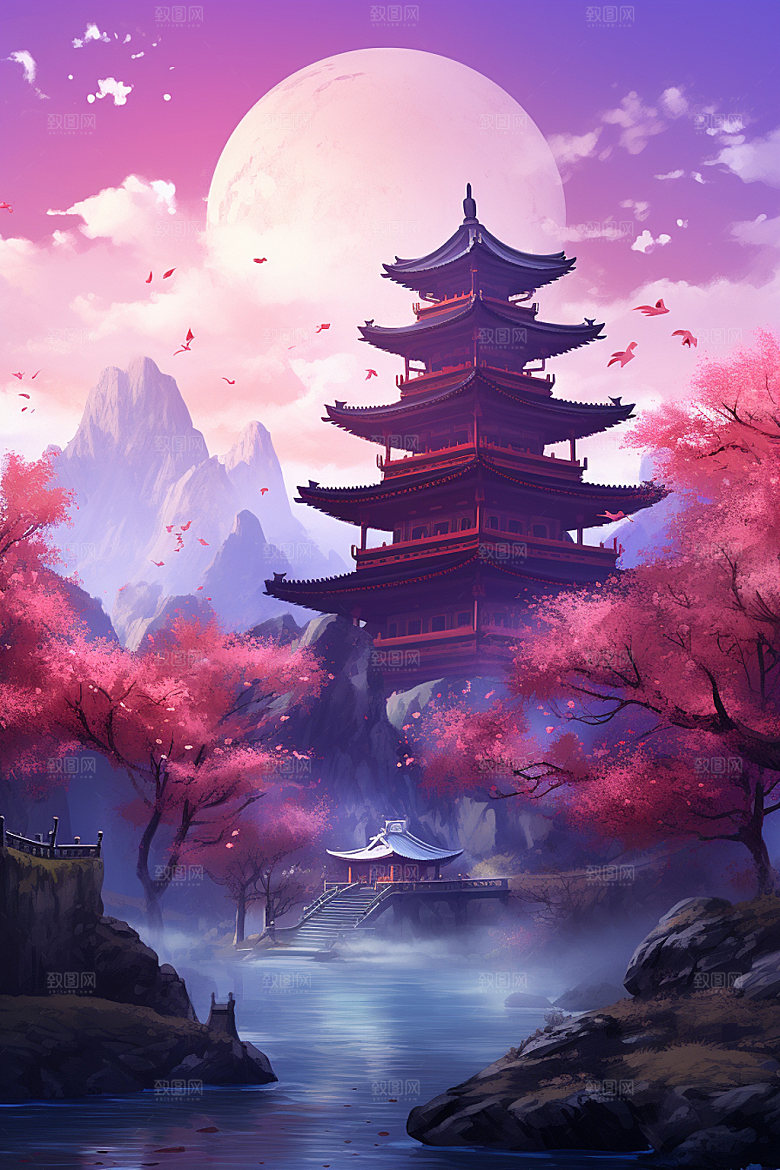 国风场景唯美手绘插画