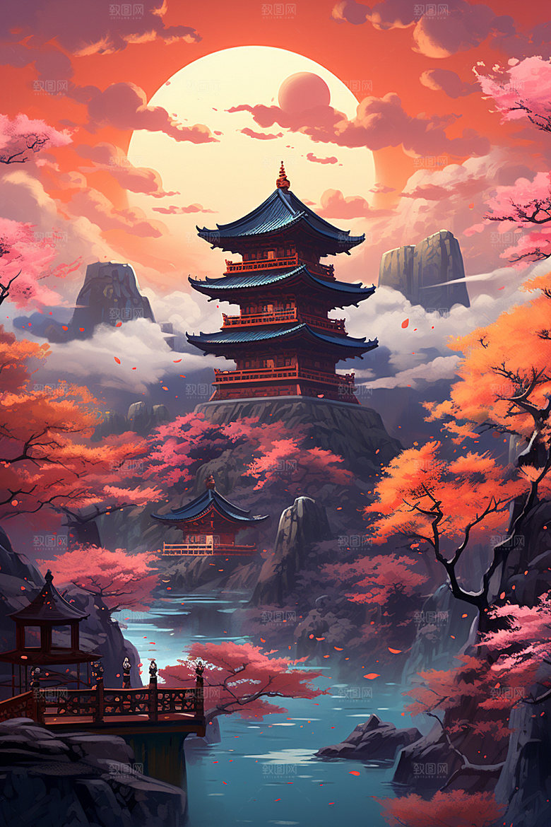 国风场景浪漫自然插画