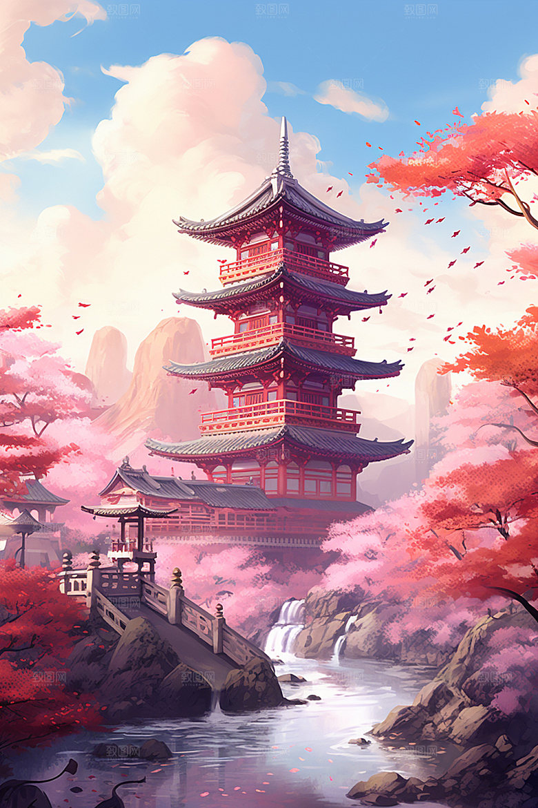 国风场景浪漫手绘插画