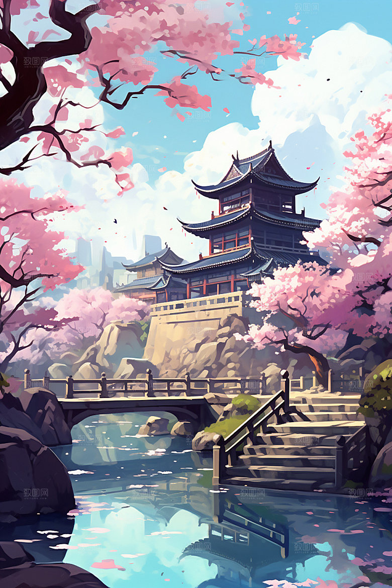 国风场景唯美自然插画