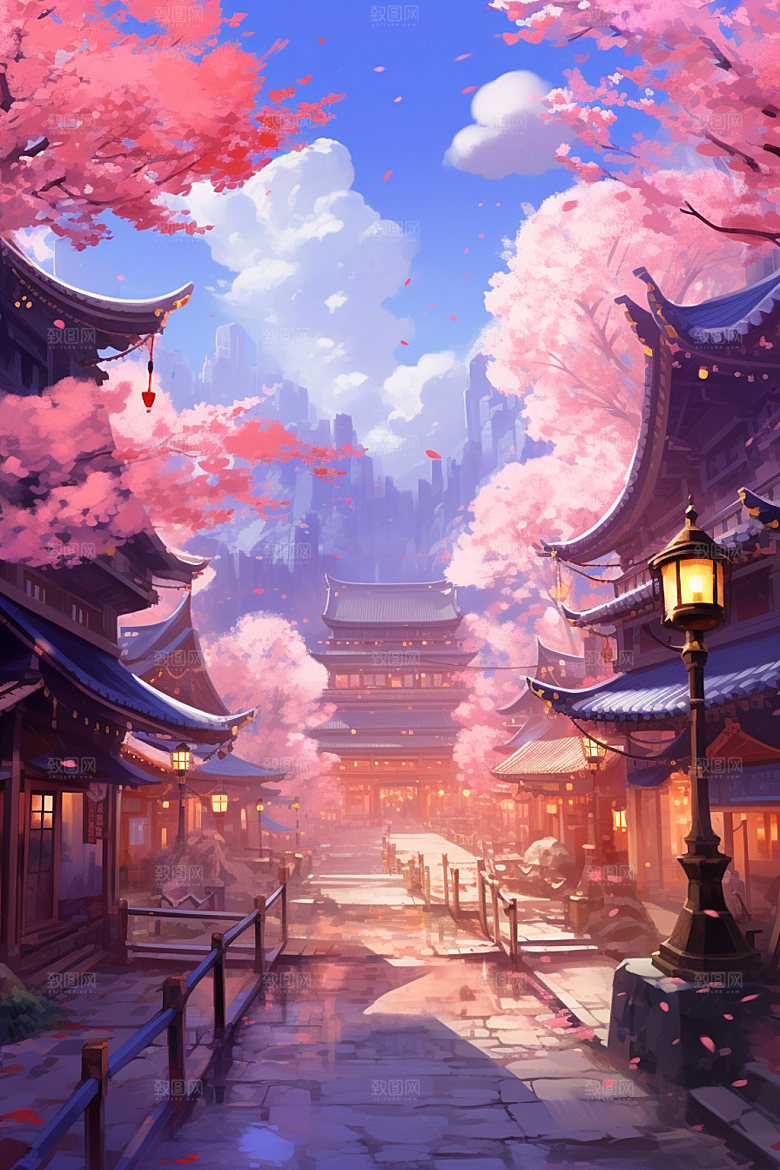 国风场景自然手绘插画