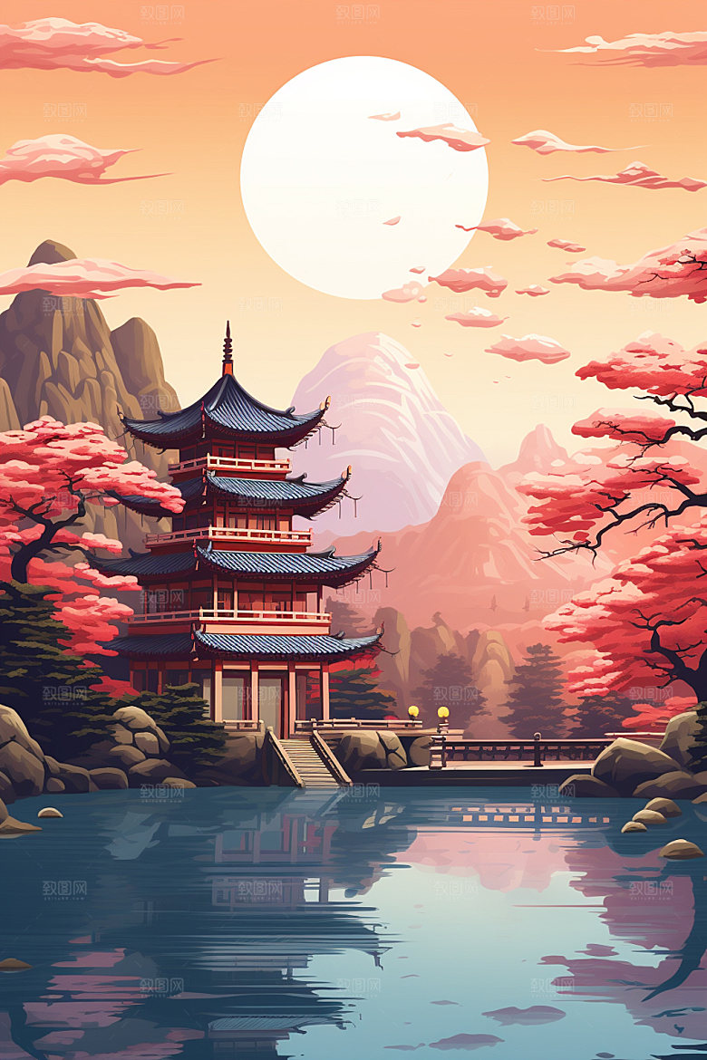 国风场景手绘自然插画