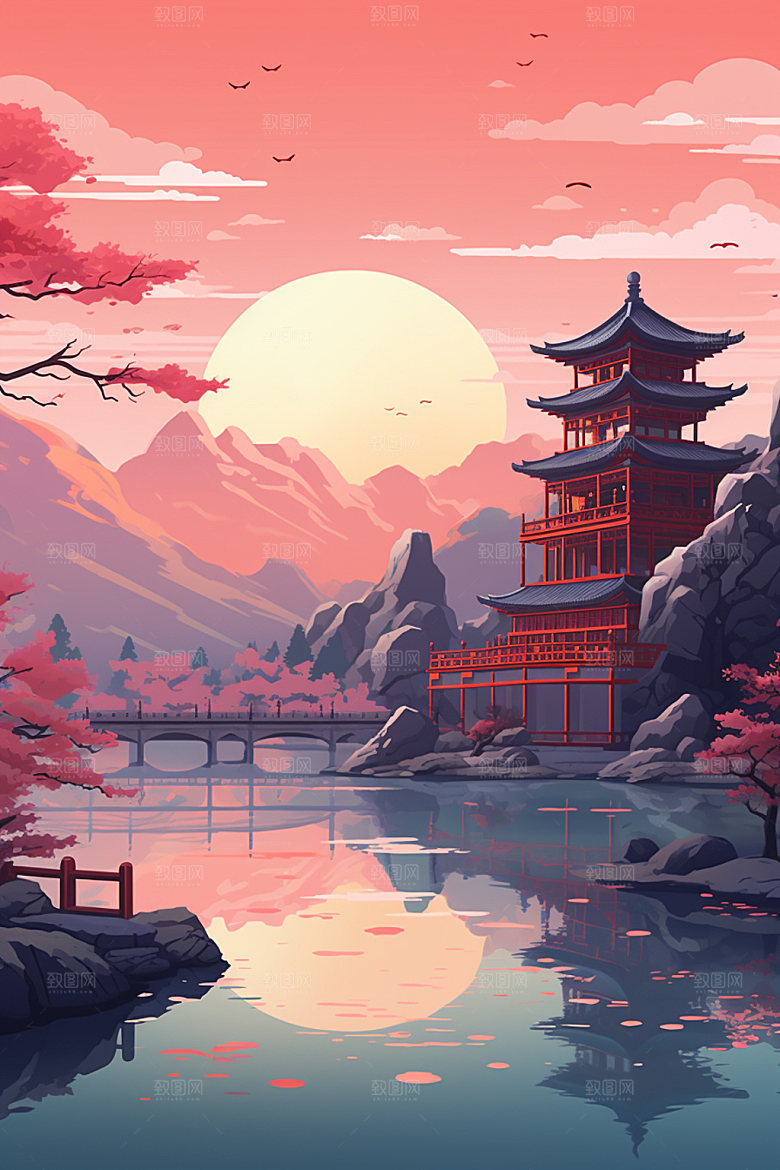 国风场景手绘山水插画