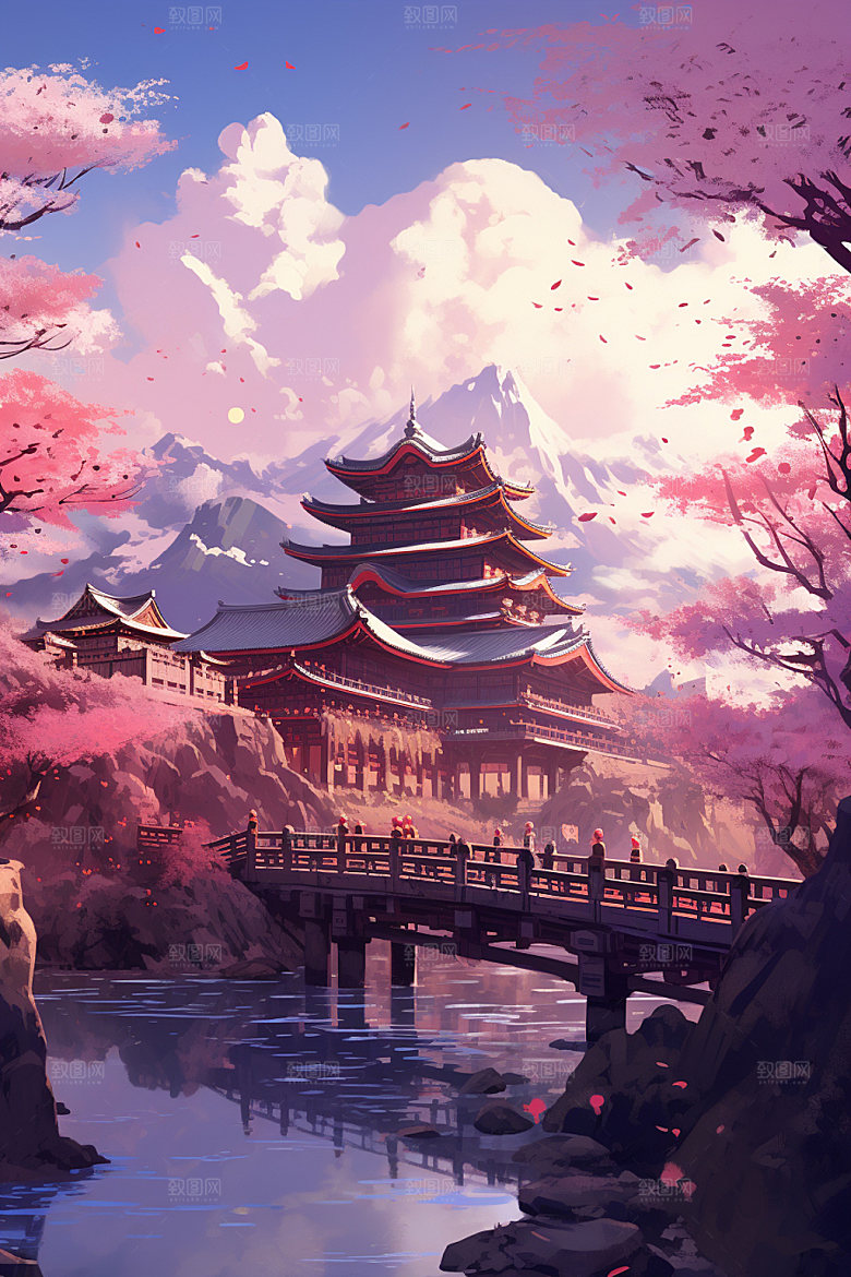 国风场景自然手绘插画