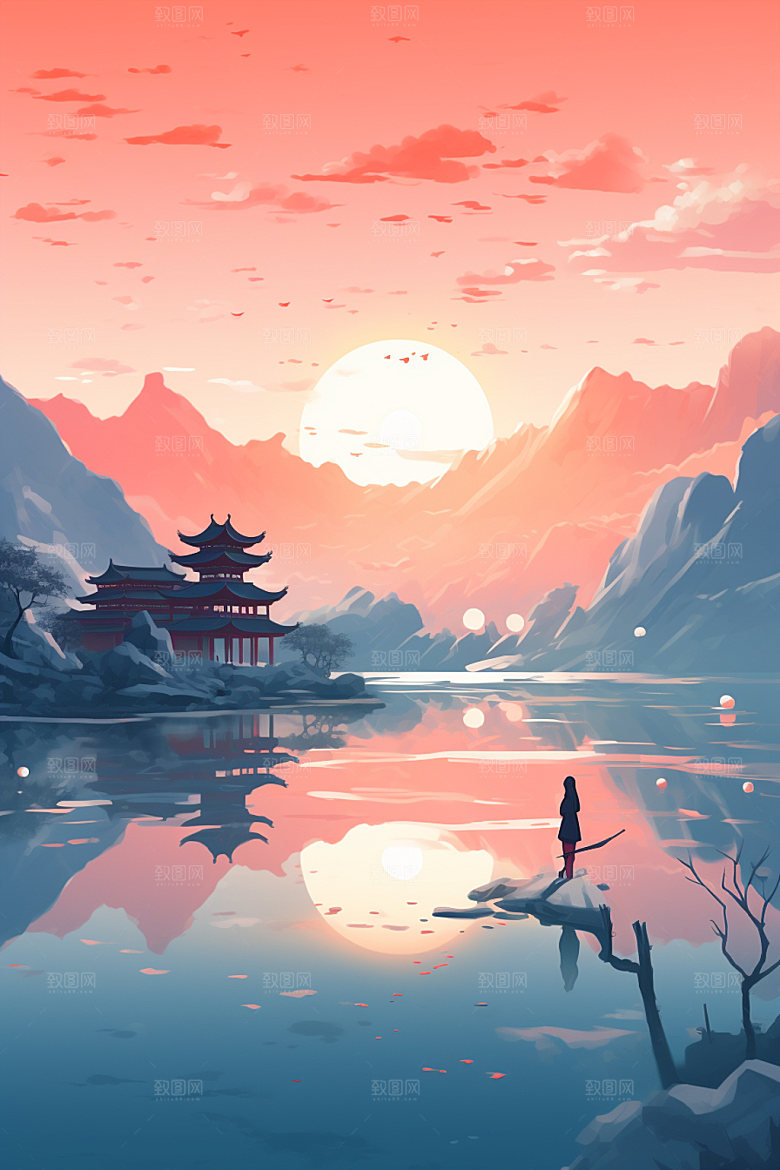 国风场景手绘山水插画
