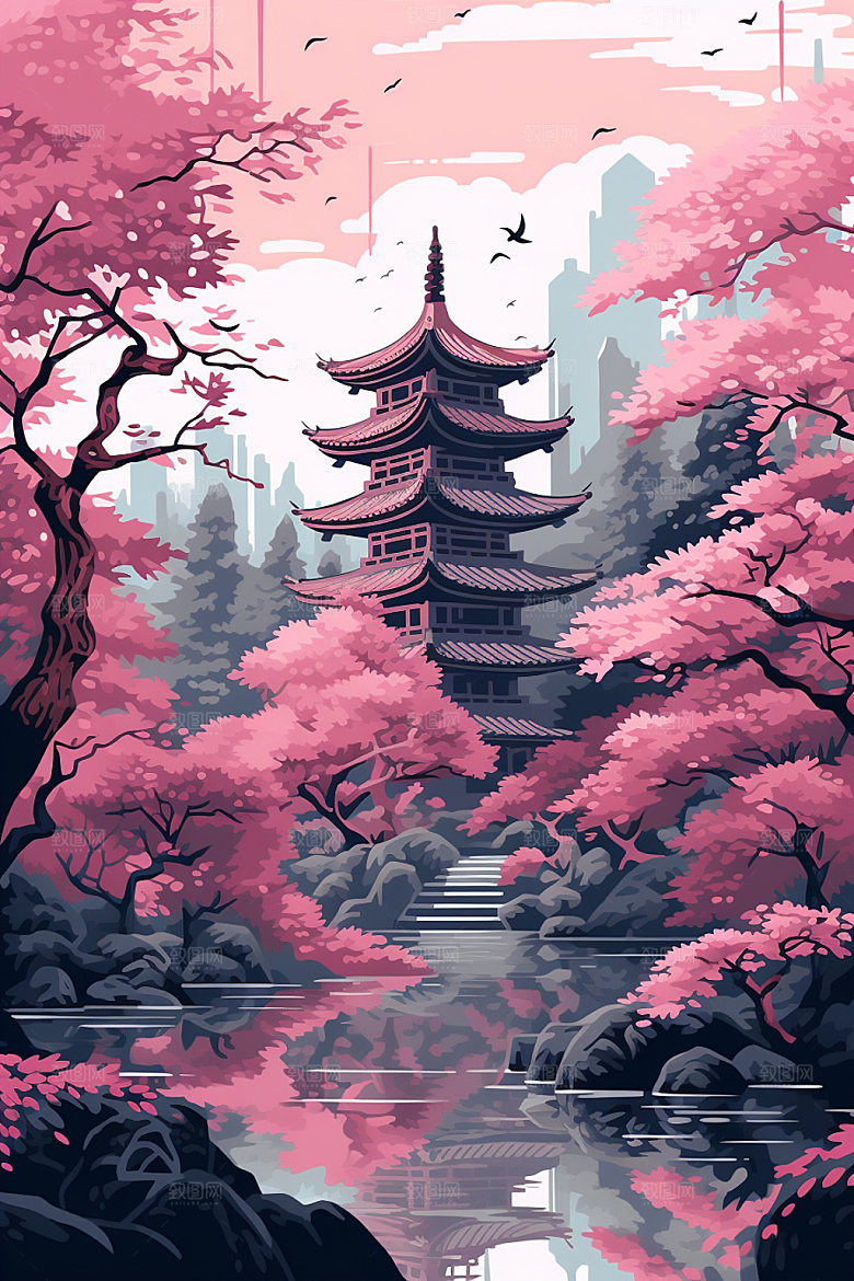 国风场景手绘自然插画