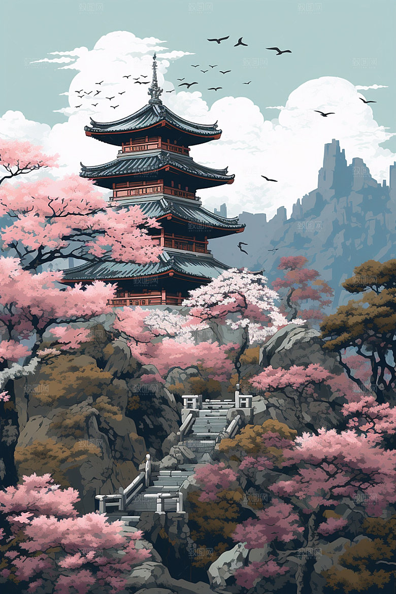 国风场景手绘自然插画