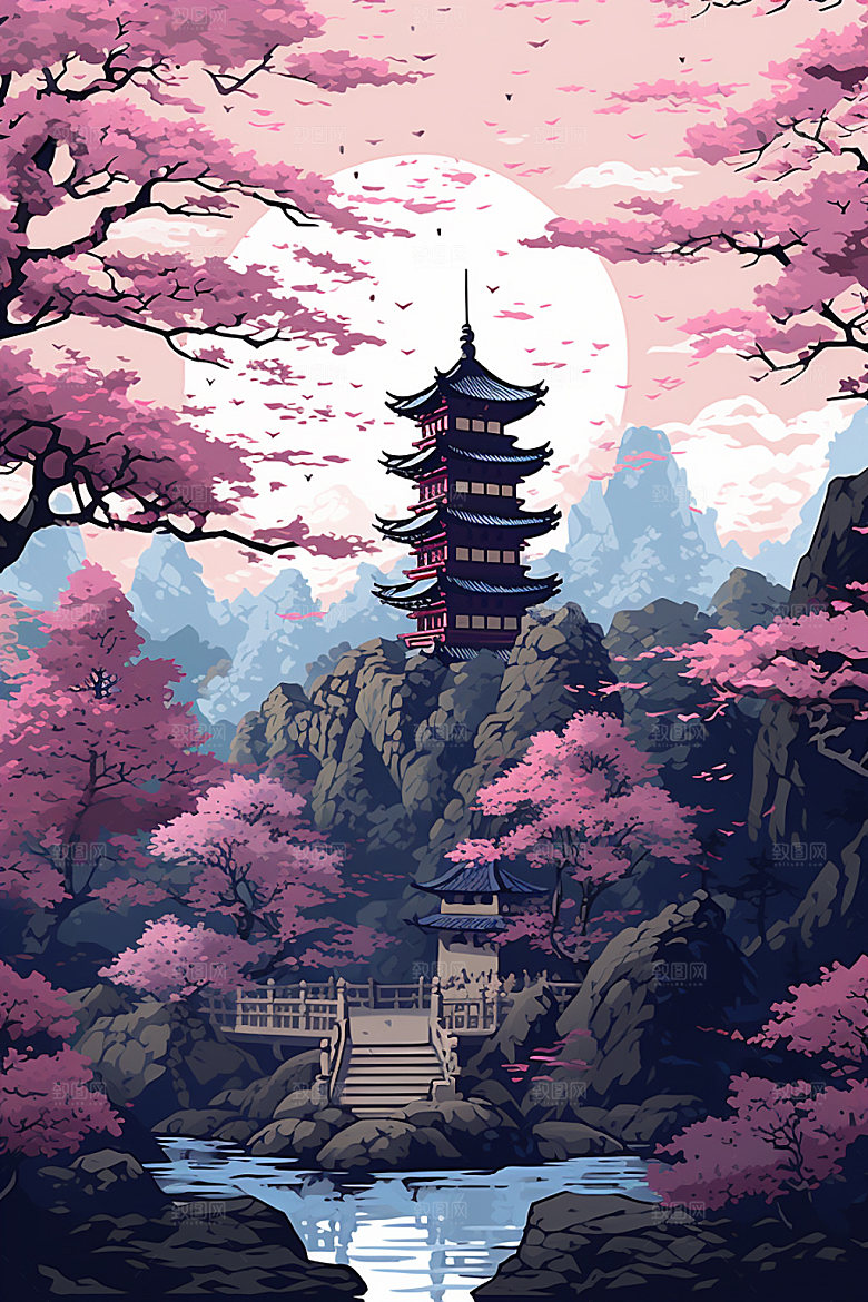 国风场景自然唯美插画