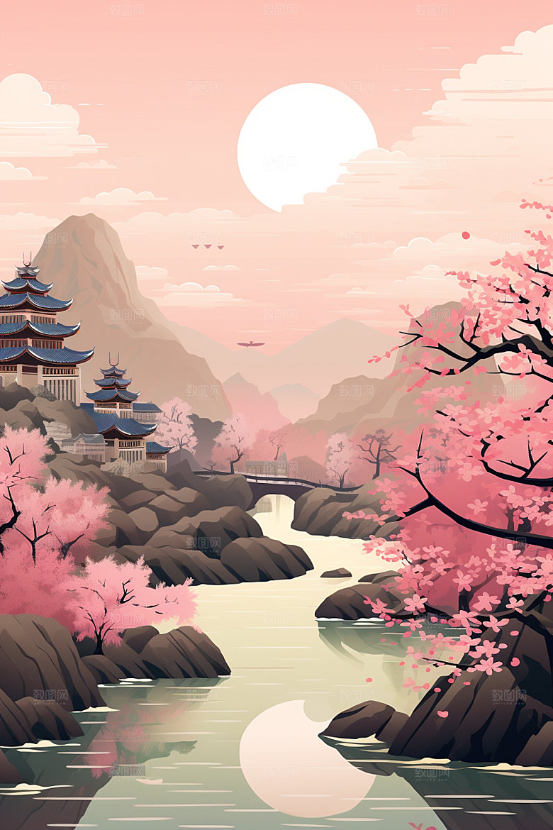 国风场景手绘山水插画