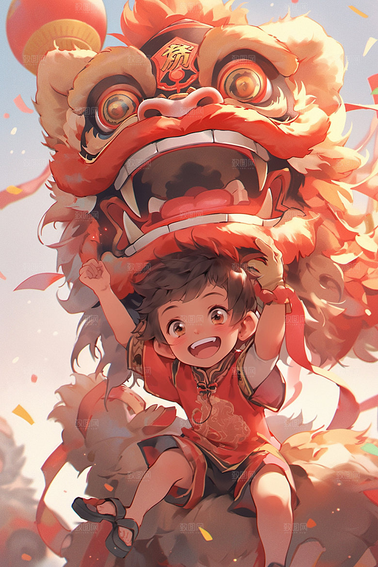 舞狮少年国粹中式插画
